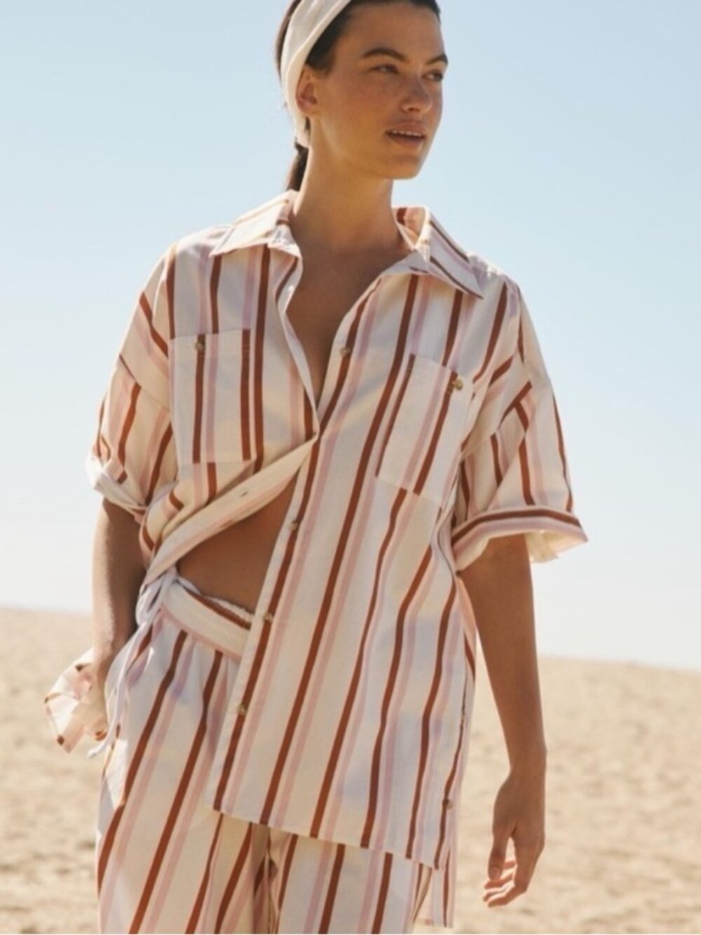 Anthropologie Poplin Oversized Short Sleeve Striped Button Down Shirt Size XS
